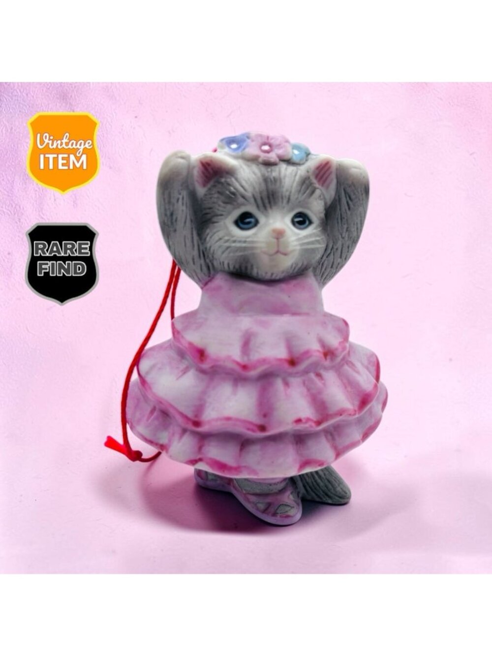 Vintage 86 Schmid Kitty Cucumber Gray Tabby Cat in Pink BALLERINA Tutu Ornament.